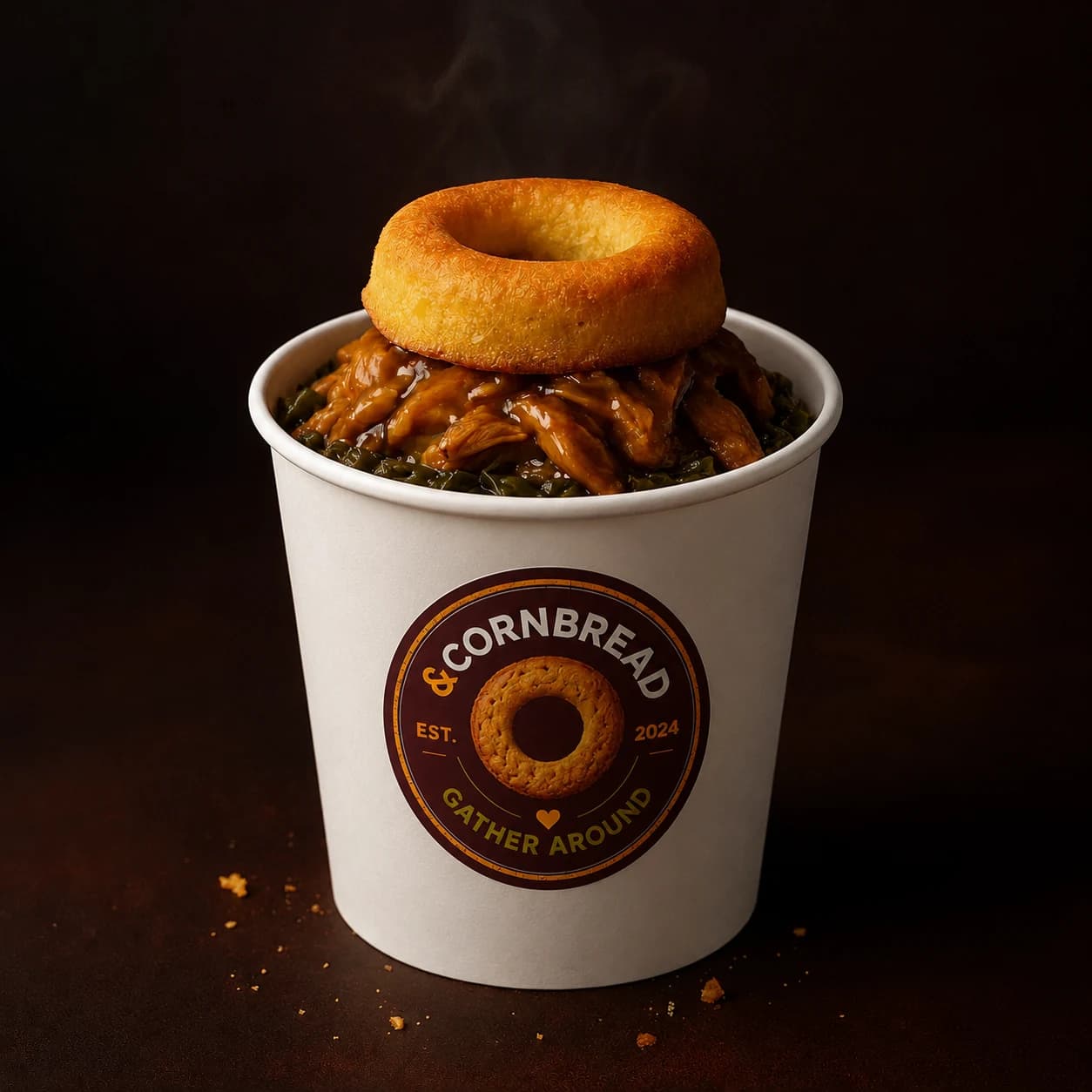 Gather Cup — smothered turkey and greens in a white &CORNBREAD cup, topped with a mini Cornbread Crown